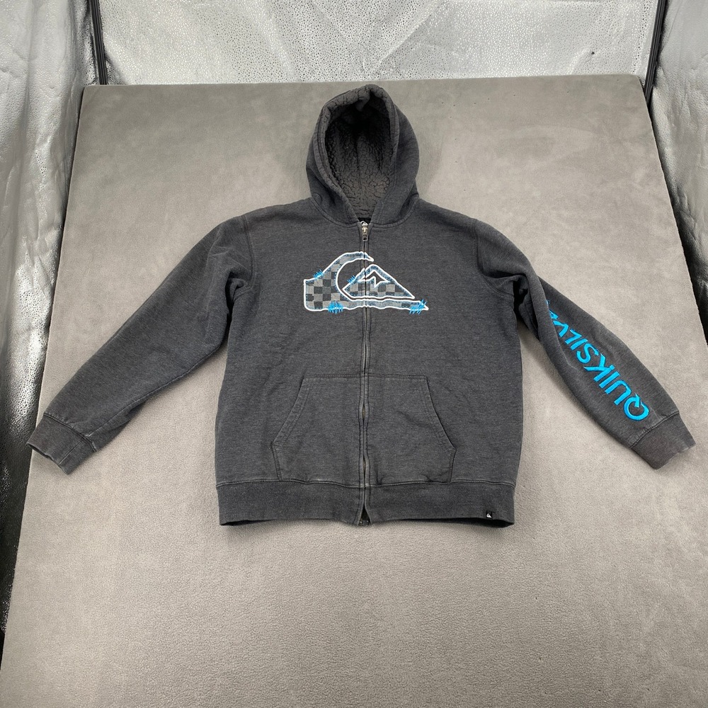 Quiksilver Boys XL 18/20 Faux Fur Lined Zip Hoodie Gray Blue Logo y2k Skate